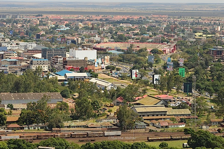 View of the Railway Station, Nyayo stadium and Nairobi environs from the KICC helipad